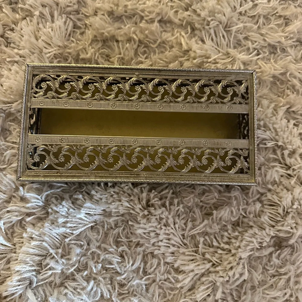 Vintage Hollywood Regency Ornate Filigree Tissue Box Holder , Footed